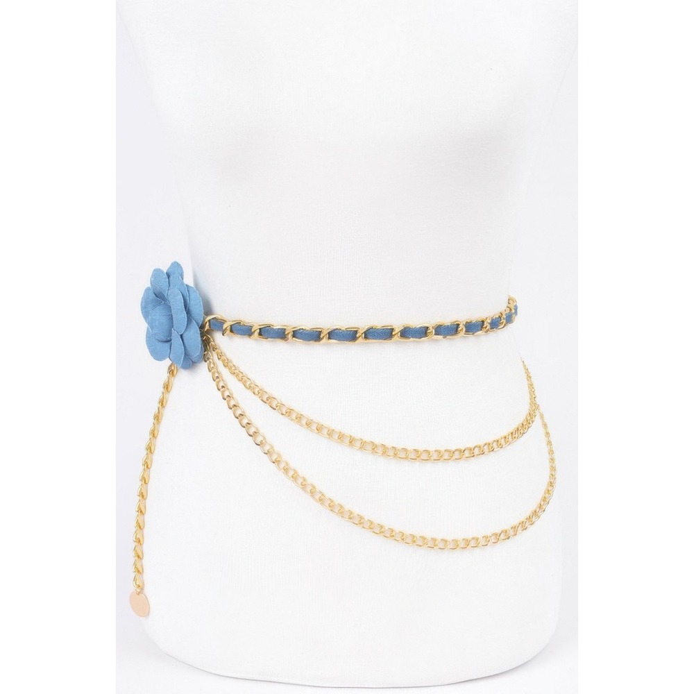 Womens Multi Layer Chain Belt Blue Flower Accent Gold Tone Fashion‎ Accessory